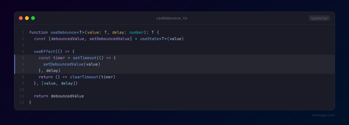 Code snapshot: useDebounce.ts — TypeScript, tokyo-night theme
